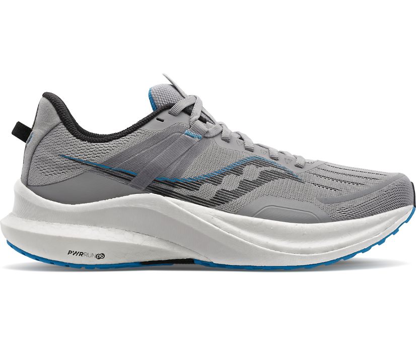 Lateral view of the Men's Saucony Tempus in the wide "2E" width, color Alloy/Topaz