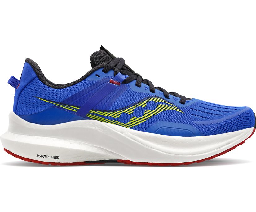 Lateral view of the Saucony Men's Tempus in the color Blue Raz/Acid 