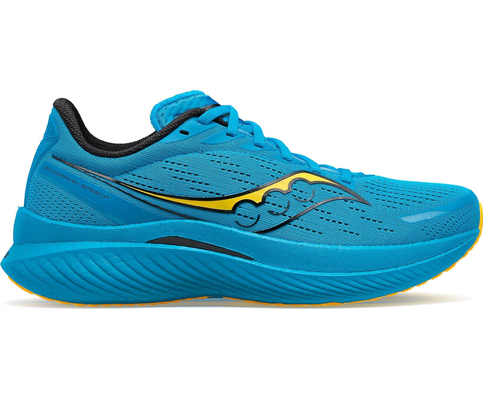 Lateral view of the Men's Endorphin Speed 3 by Saucony in the color Ocean/Vizigold