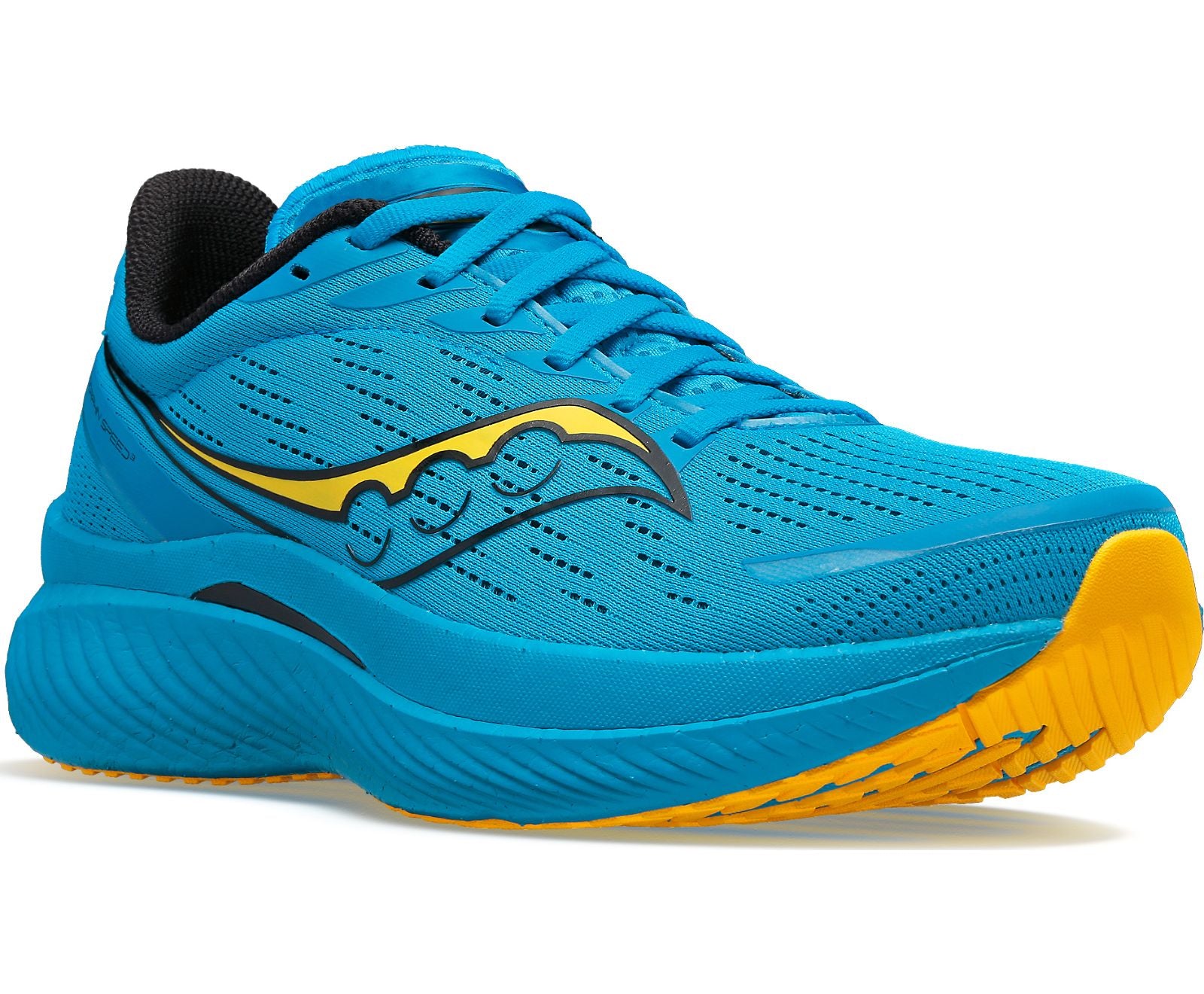 Front angled view of the Men's Endorphin Speed 3 by Saucony in the color Ocean/Vizigold