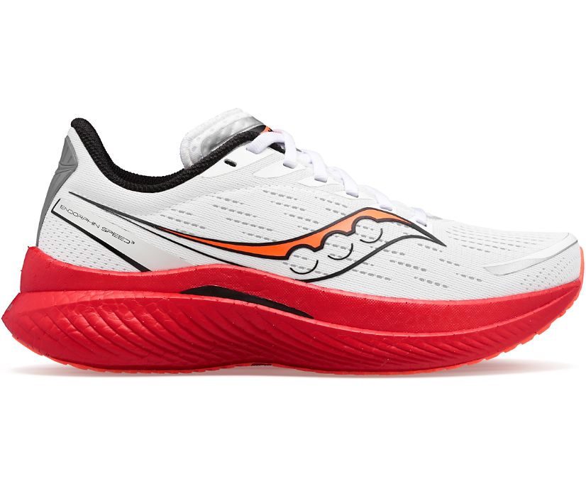 Lateral view of the Men's Saucony Endorphin Speed 3 in the color White/Black/Vizired