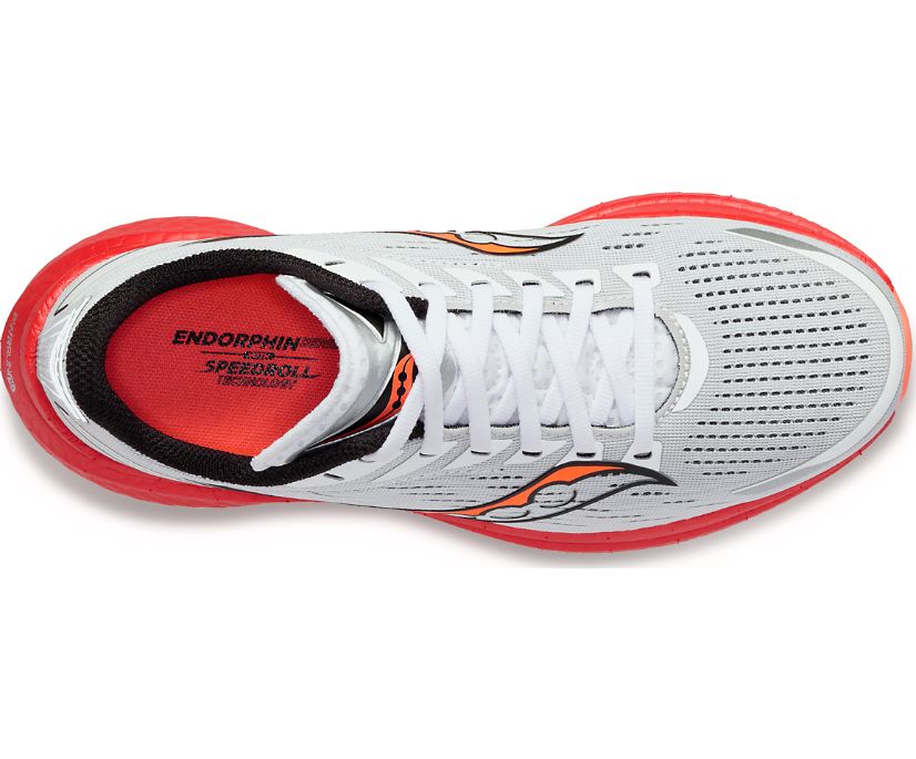 Top view of the Men's Saucony Endorphin Speed 3 in the color White/Black/Vizired