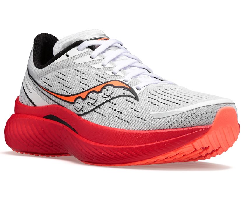 Front view of the Men's Saucony Endorphin Speed 3 in the color White/Black/Vizired