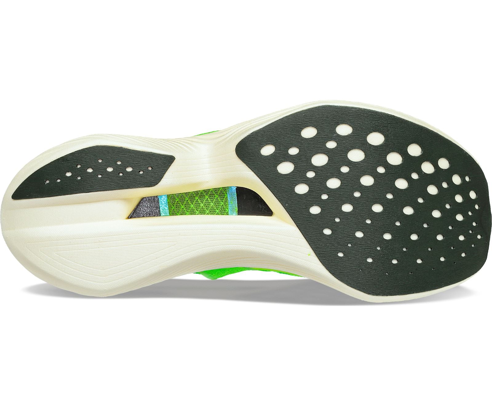 Bottom (outer sole) view of the Saucony Men's Endorphin Elite in the color Slime