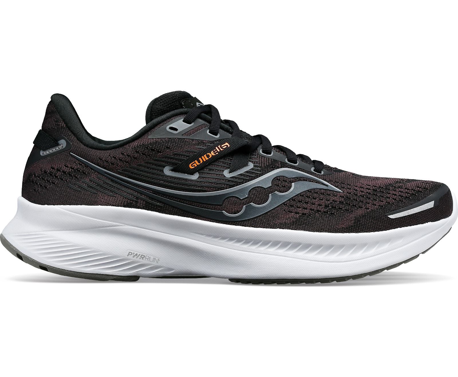 Lateral view of the Saucony Men's Guide 16 in the color Black/White