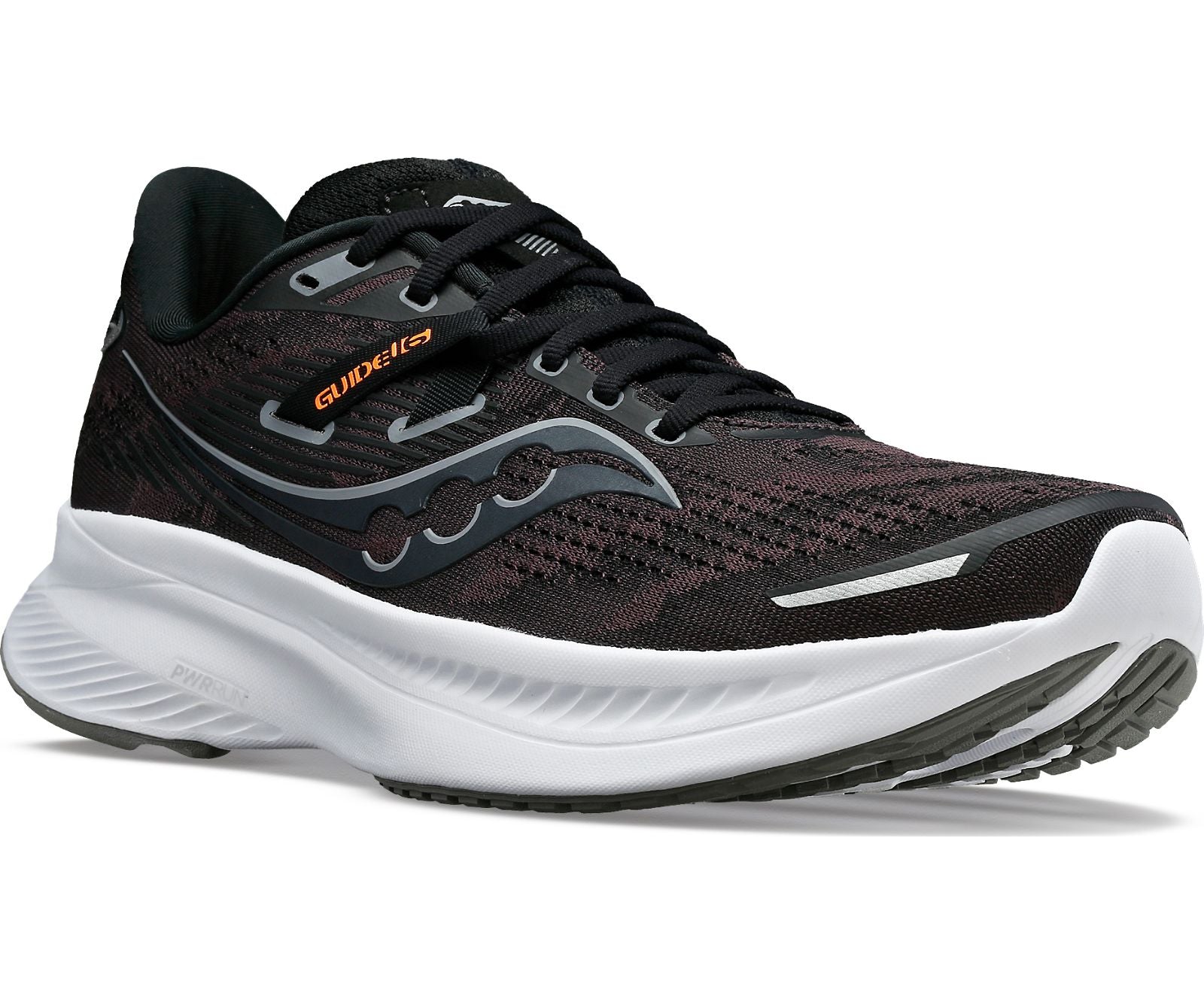 Front angle view of the Saucony Men's Guide 16 in the color Black/White