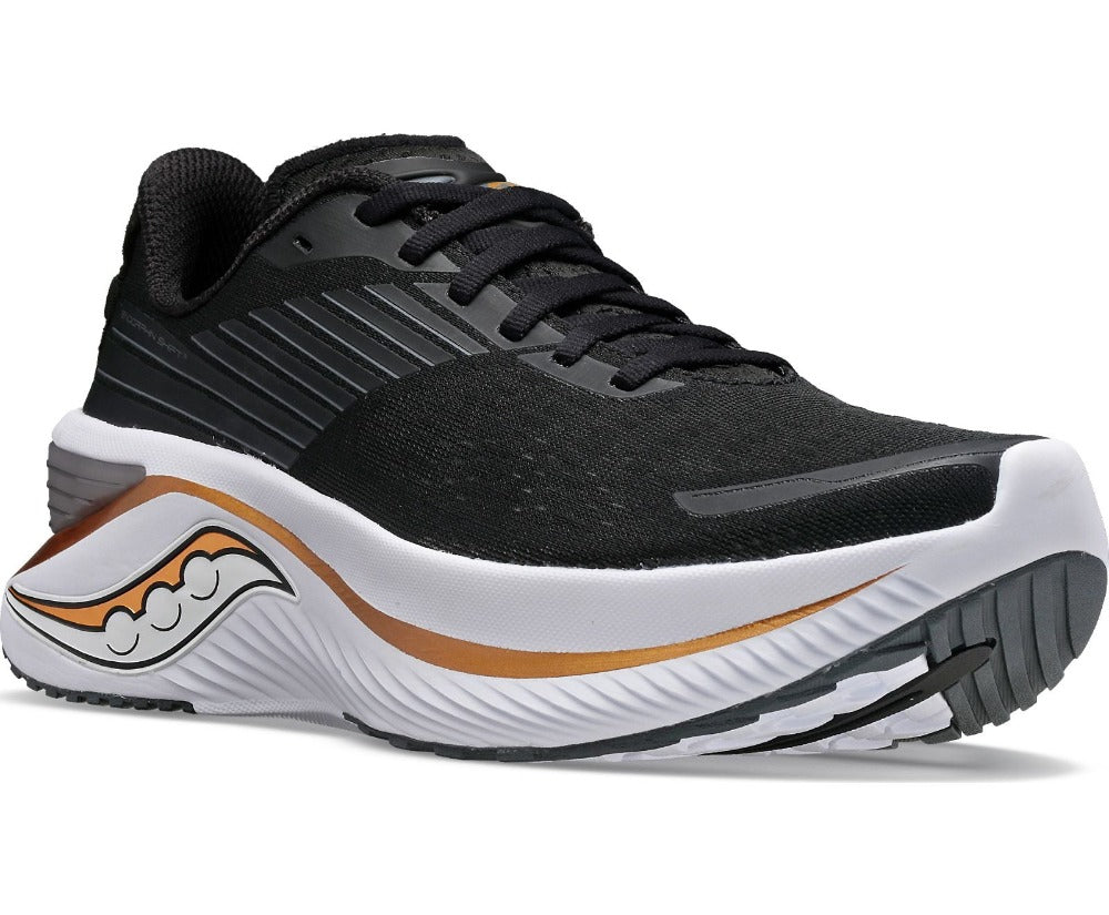 Front angled view of the Men's Saucony Endorphin Shift 3 in the color Black/Goldstruck