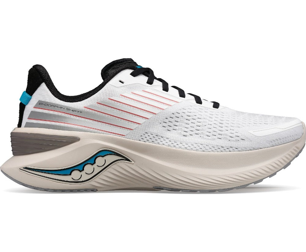 Lateral view of the Men's Endorphin Shift 3 by Saucony in the color White/Sand