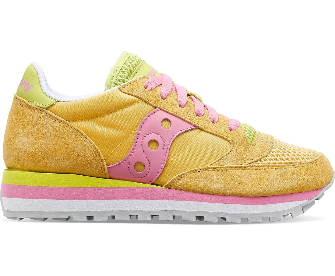From the lateral view the 3 layers of the midsole are yellow, pink and white