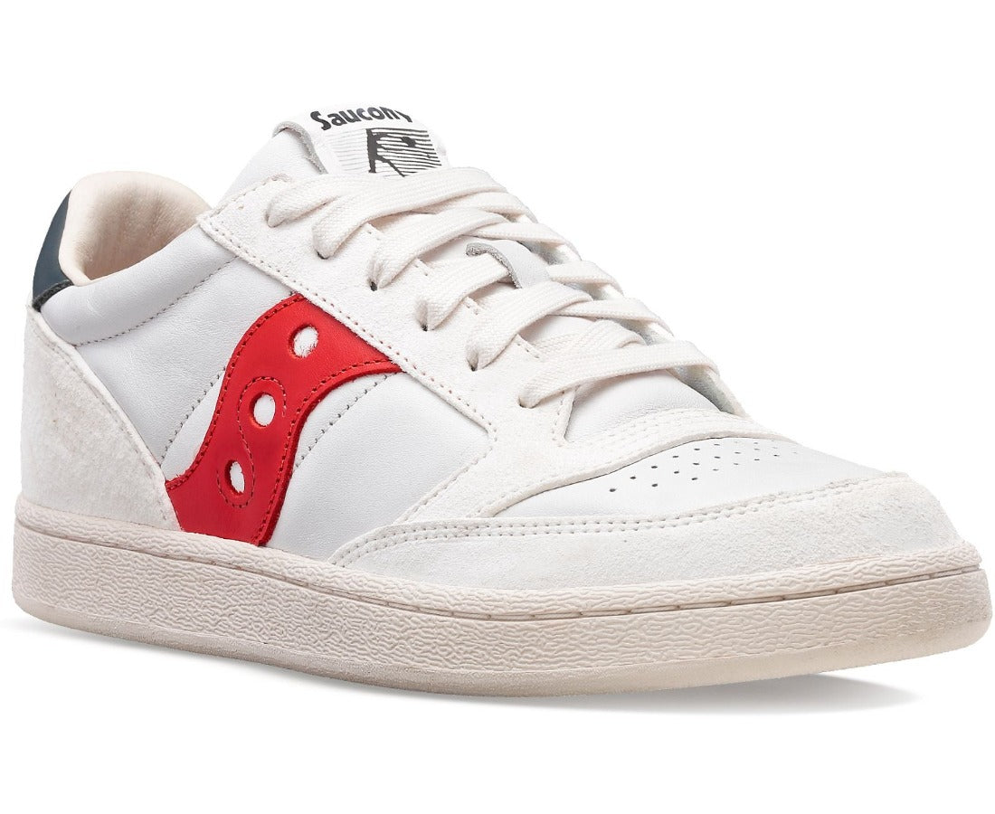 Front angle view of the Saucony Jazz Court Premium sneaker in White/Red