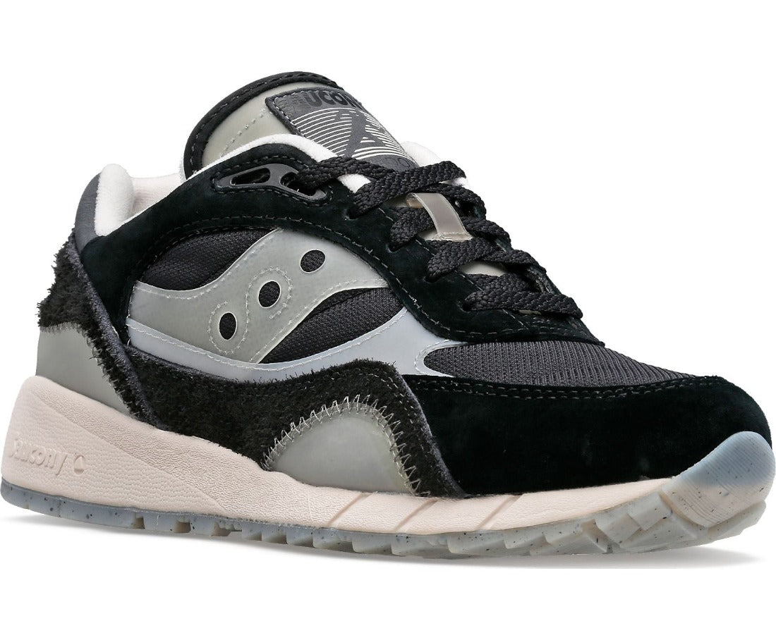 Front angled view of the Men's Shadow 6000 (Transparent) lifestyle shoe by Saucony in Black/Grey/White