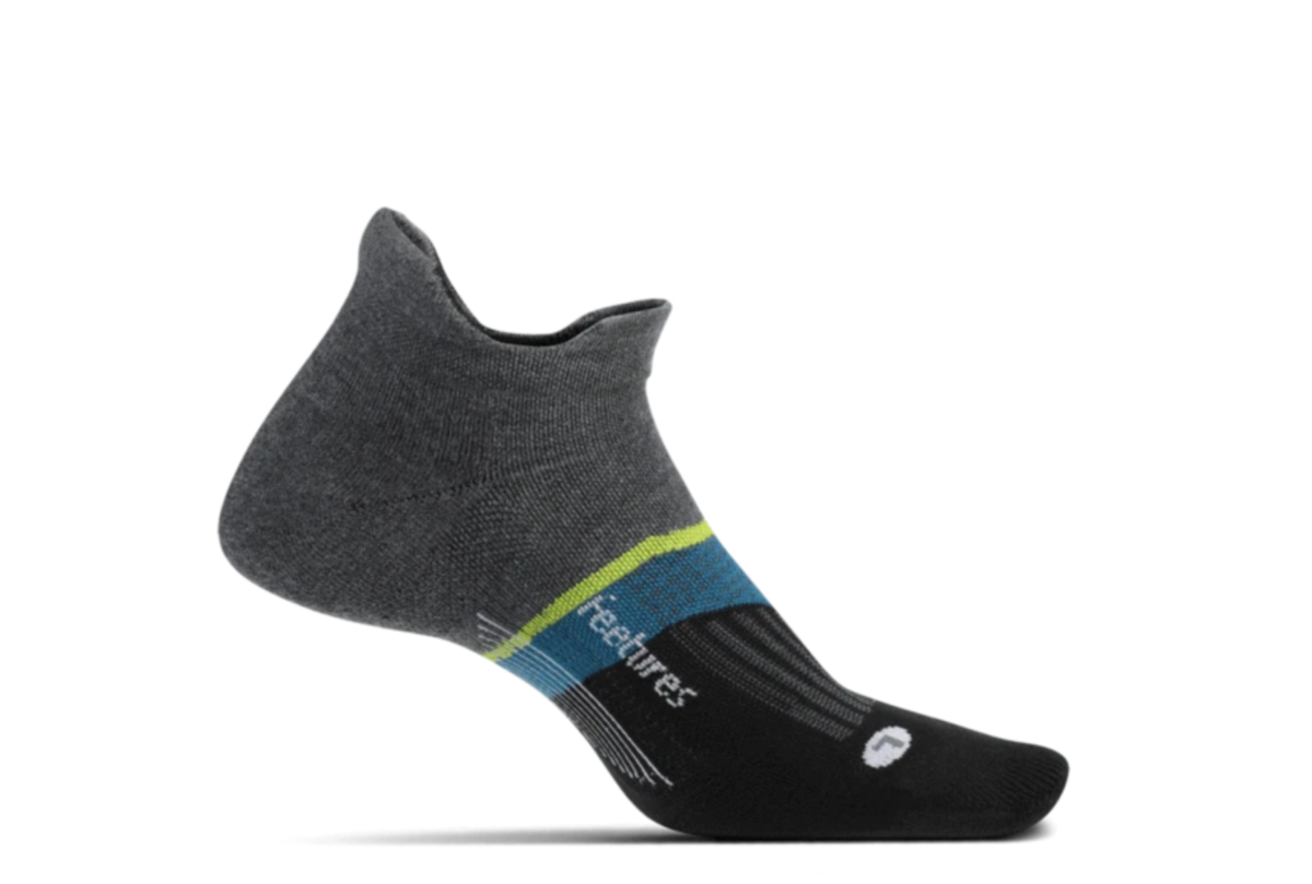 Medial view of the Feetures Elite Max cushion sock in the color brickyard grey