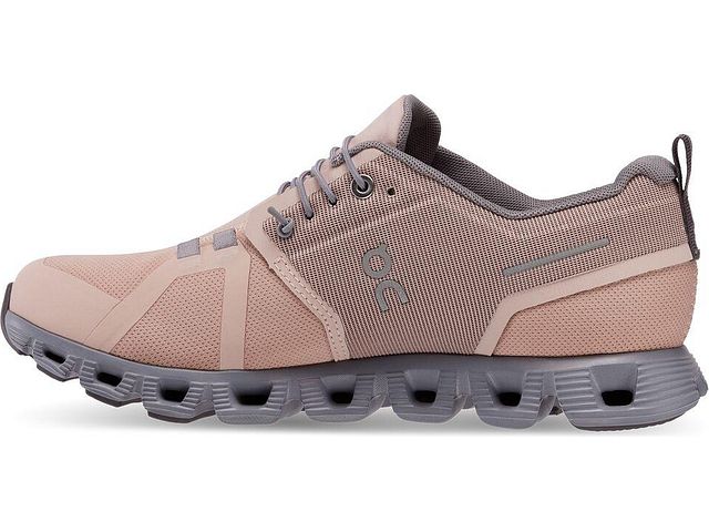 Medial view of the Women's ON Cloud 5 Waterproof shoe in the color Rose/Fossil