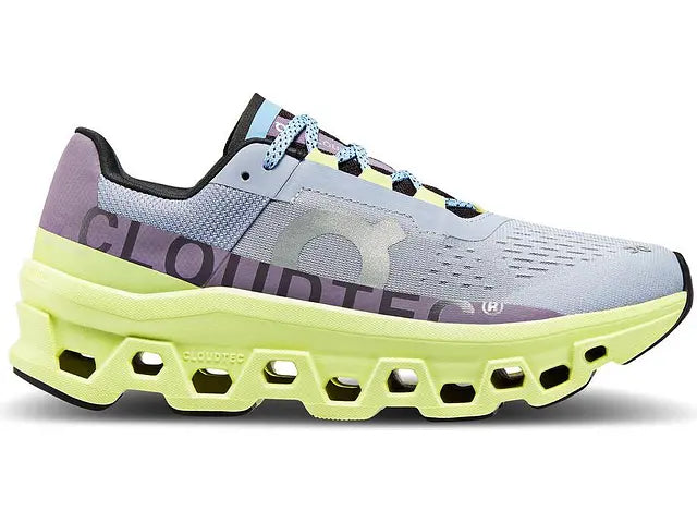 Lateral view of the Women's ON Cloudmonster in the color Nimbus/Hay