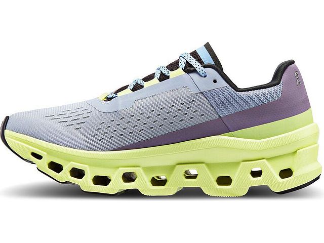 Medial view of the Women's ON Cloudmonster in the color Nimbus/Hay