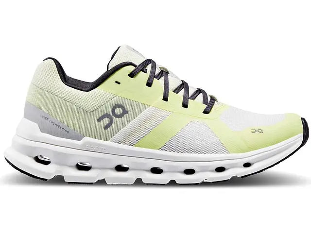Lateral view of the Women's Cloudrunner by ON in the color White/Seedling