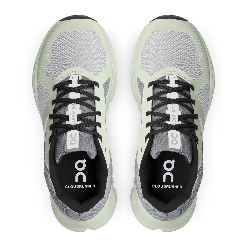 Top view of the Women's Cloudrunner by ON in the color Frost / Aloe