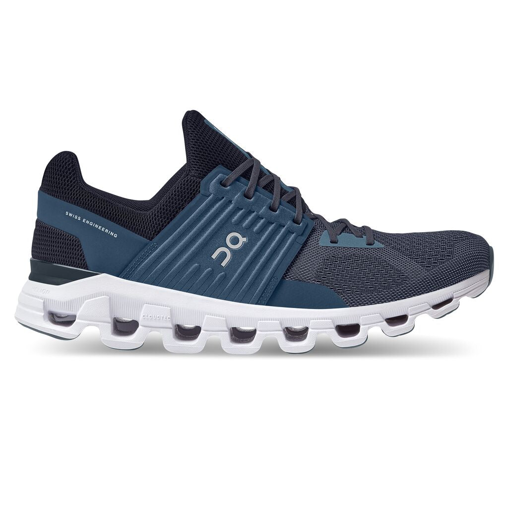 The newest version of the Men's On Cloudswift has arrived!!  This running shoe is made for urban runs.  The Cloudswift is light but can still absorb the impacts of running due to the design of the midsole.  The recycled engineered mesh upper is made to provide all the necessary comfort and security while running.  