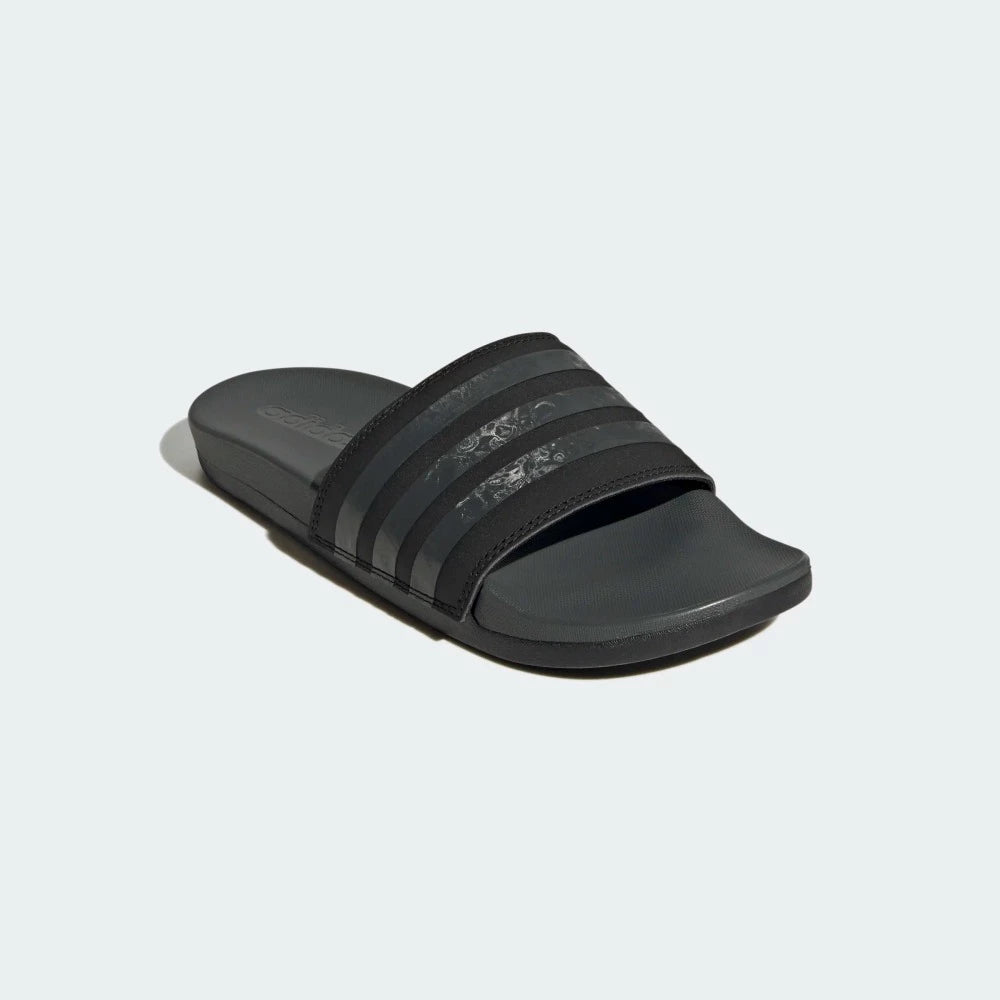 Front angle view of the Women's Adidas Adilette Comfort Slides in Core Black