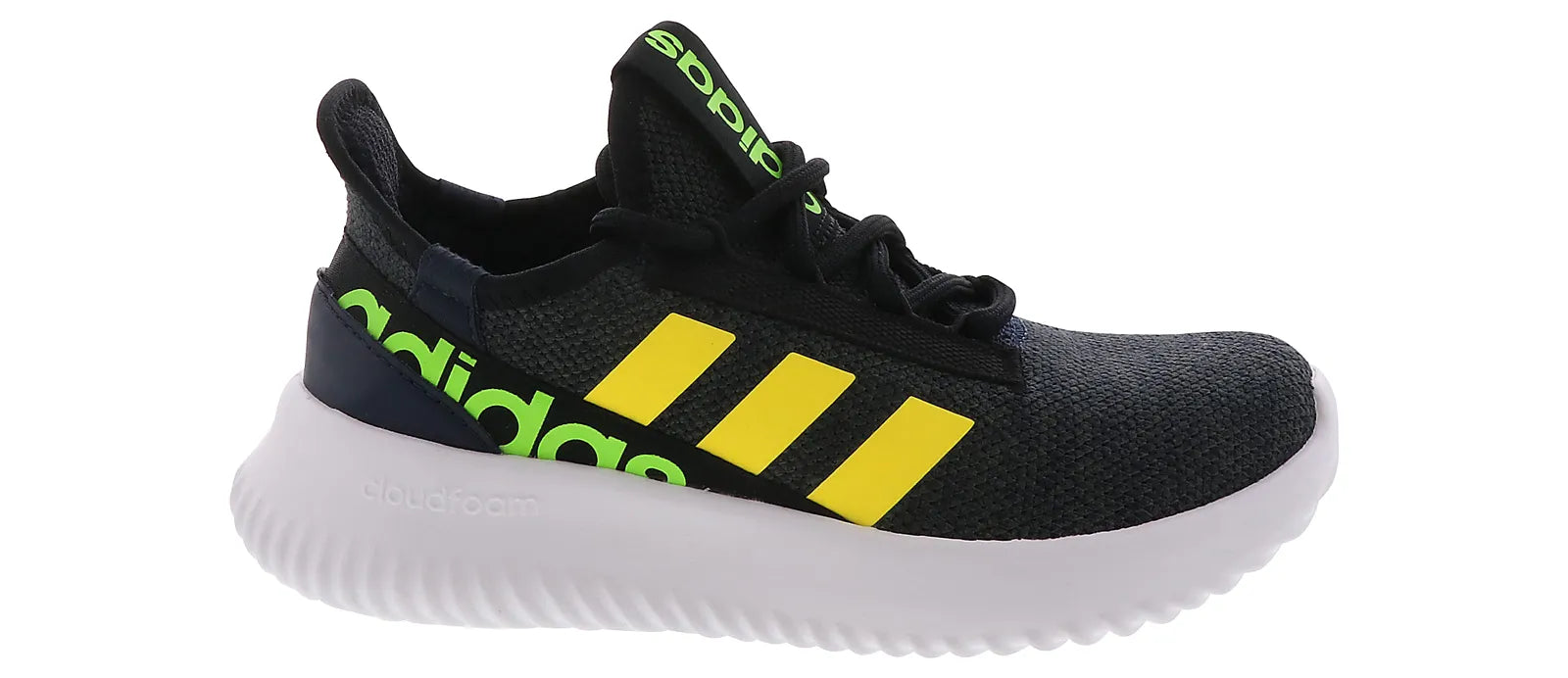 Lateral view of the Kids' Kaptir 2.0 by Adidas in the color Legend Ink / Beam Yellow / Solar Green