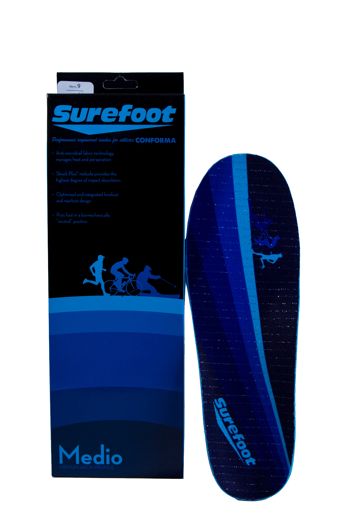 Image of the Conforma Medio (medium arch) Insole by Surefoot and it's box in Blue/Black