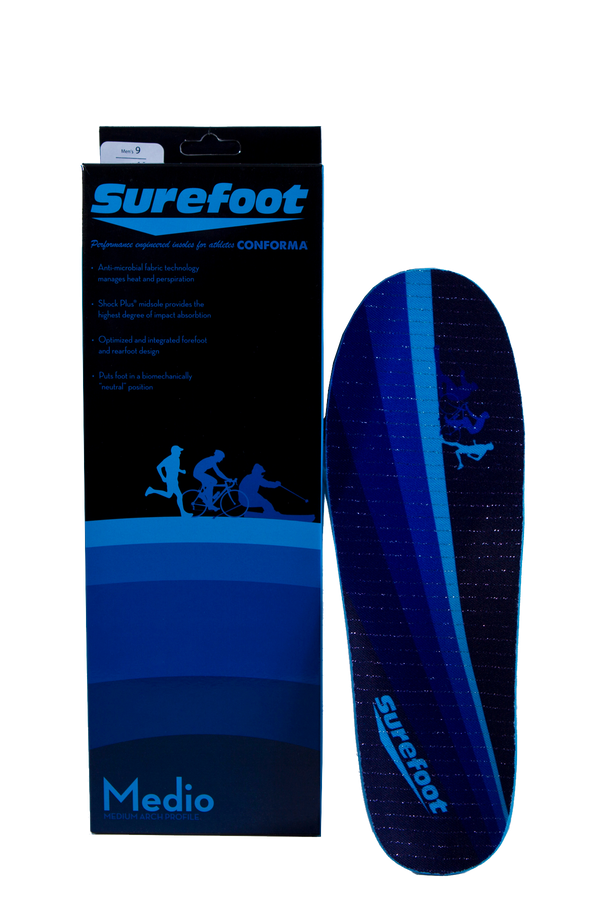 Image of the Conforma Medio (medium arch) Insole by Surefoot and it's box in Blue/Black