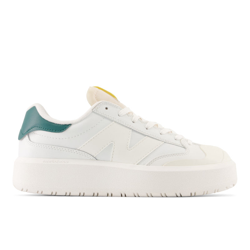 Lateral view of the Unisex New Balance CT302 Lifestyle shoe in the color White with vintage teal and maize