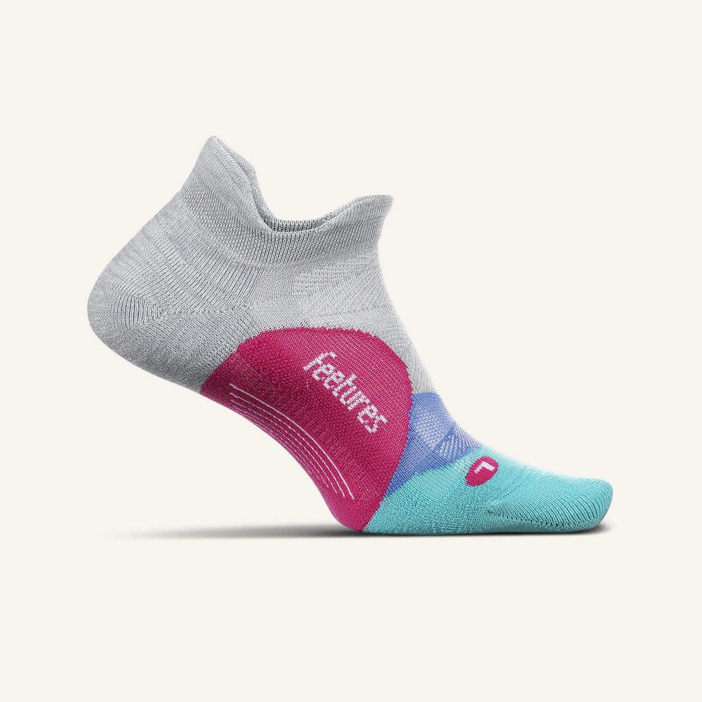 Medial view of the Feetures Elite Ultra Light cushion no show tab sock in the color go gray
