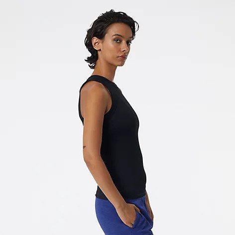 Side view of the Women's Transform Perfect Rib Tank by New Balance in Black