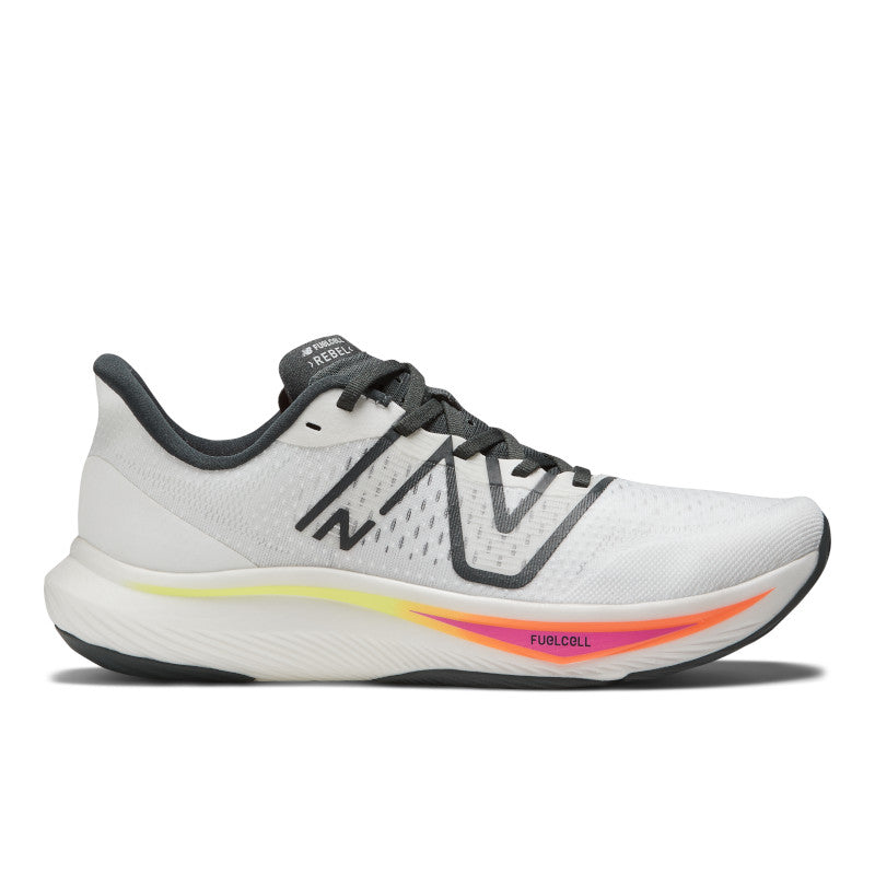 Lateral view of the Men's New Balance Fuel Cell Rebel V3 in the color White/Black/Neon Dragonfly