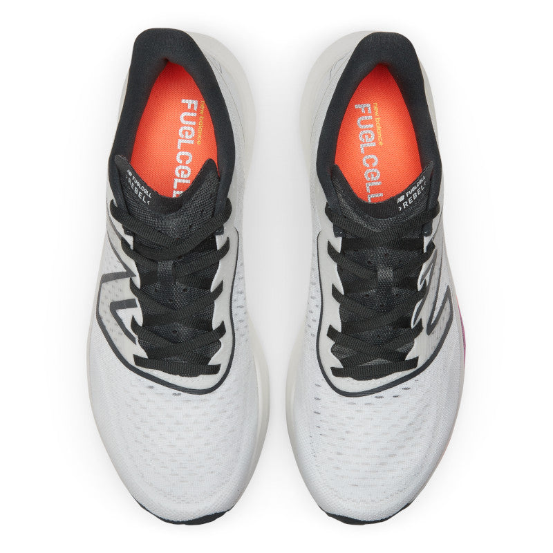 Top view of the Men's New Balance Fuel Cell Rebel V3 in the color White/Black/Neon Dragonfly