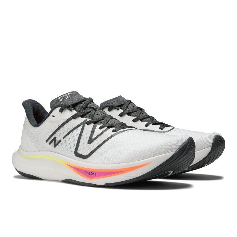Front angled view of the Men's New Balance Fuel Cell Rebel V3 in the color White/Black/Neon Dragonfly