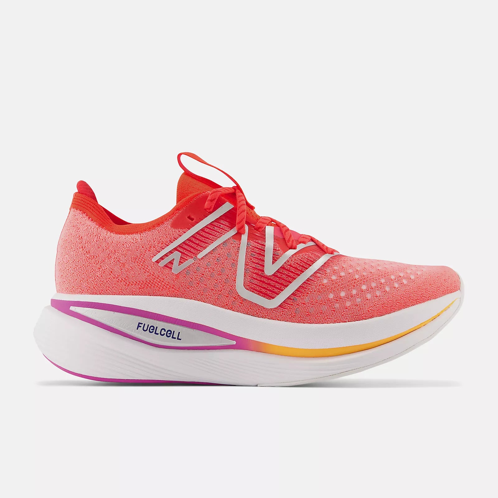 Lateral view of the Men's Fuel Cell SuperComp Trainer by New Balance in the color Electric Red/Metallic Silver