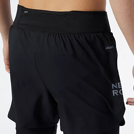 Back view of the Men's Q Speed Fuel 2 in 1 5 inch short by New Balance in Black