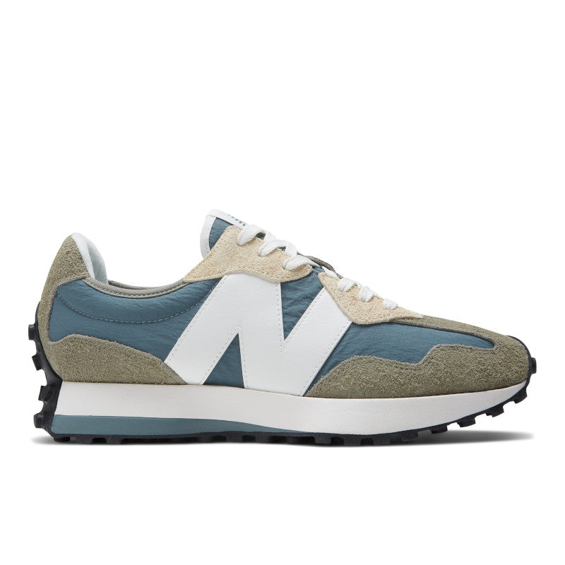 This is a great looking NB 327.  From the lateral side a large white N sits behind a hairy suede material.