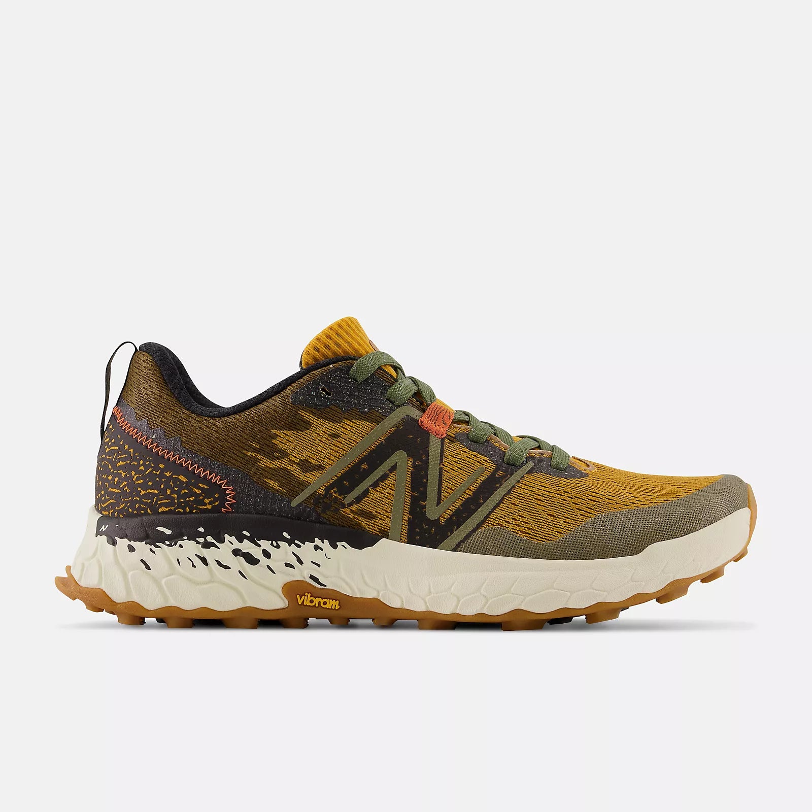 Lateral view of the Men's Hierro V7 trail runner by New Balance in the color Golden hour/Dark Camo/Black