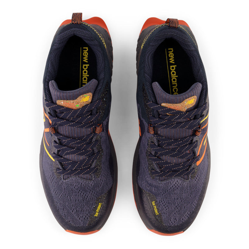 Top view of the Men's Hierro 7 trail shoe by New Balance in the color Thunder/Vibrant Orange/Apricot