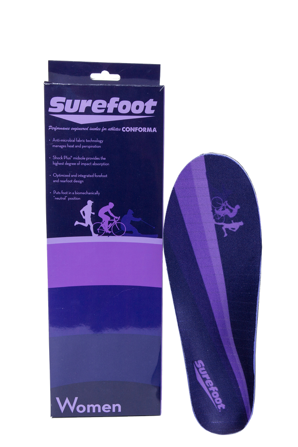 Image of the Women's Conforma Medio (medium arch for women) Insole by Surefoot and it's box in the color Purple