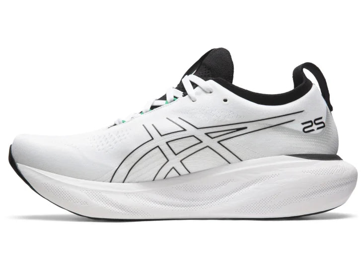 Medial view of the Men's ASICS Nimbus 25 in the color White/Black