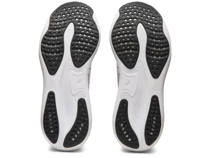 Bottom (outer sole) view of the Men's ASICS Nimbus 25 in the color White/Black