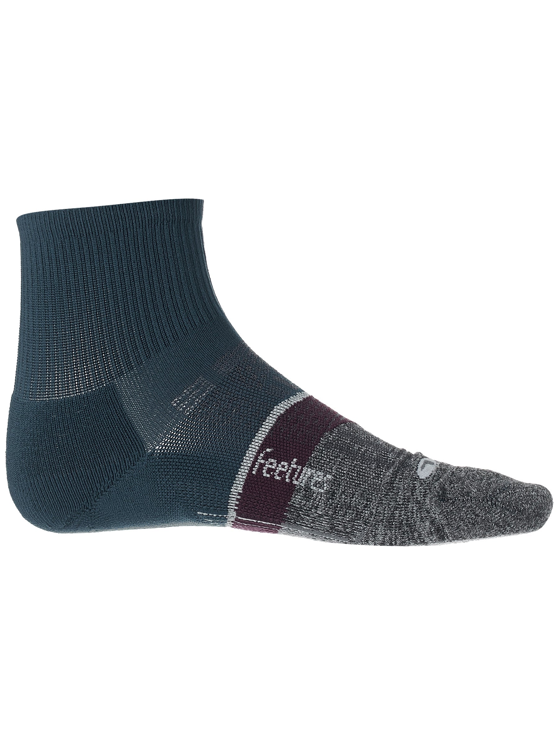 Medial view of the Feetures Light Cushion Quarter sock in the color French blue navy