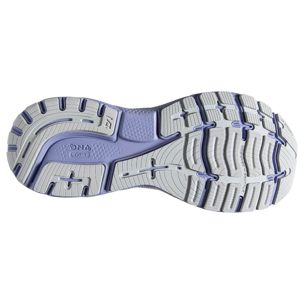Bottom (outer sole) view of the Women's Ghost 14 by Brooks in the color Lilac / Purple / Lime