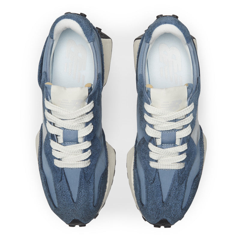 Top view of unisex 327 lifestyle shoe in blue with grey N