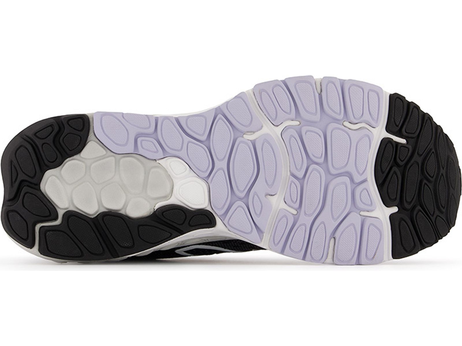 Bottom (outer sole) view of the Women's 880 V12 by New Balance in the color Black/Violet Haze