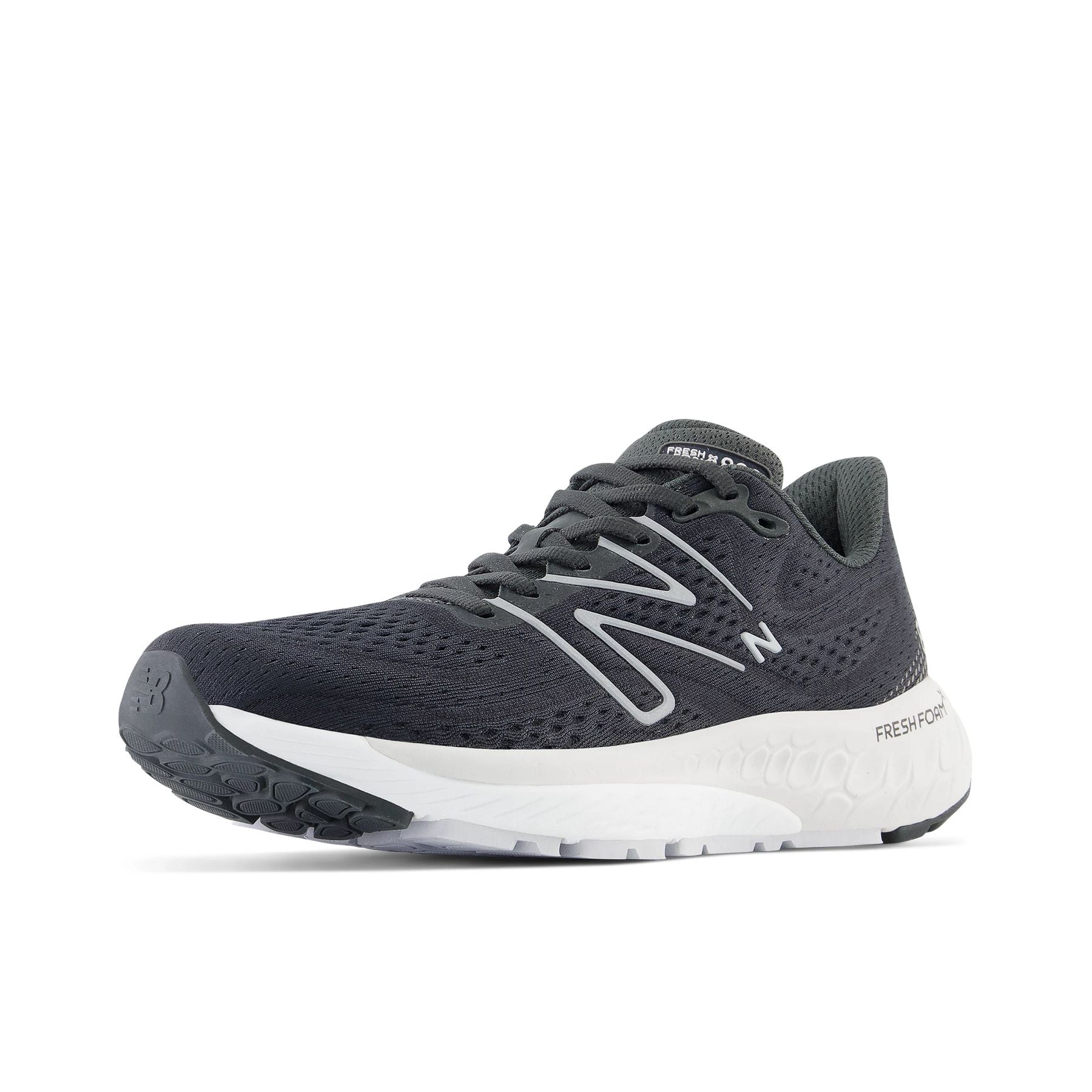 Front angle view of the Women's New Balance 880 V13 in the color Black/Silver