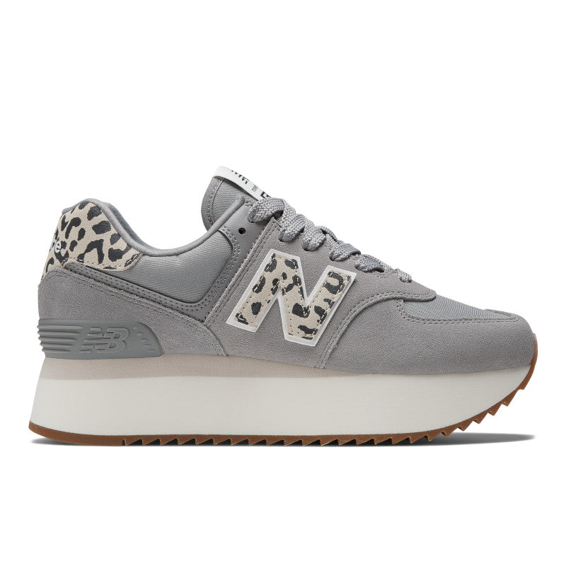 Side view of womens lifesryle 574 stack shoe in grey with cheetah print