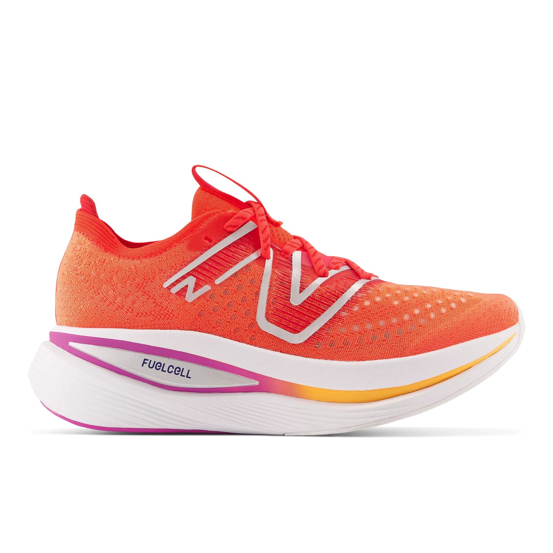 Lateral view of the Women's Fuel Cell Supercomp Trainer by New Balance in the color Electric Red/Silver Metallic