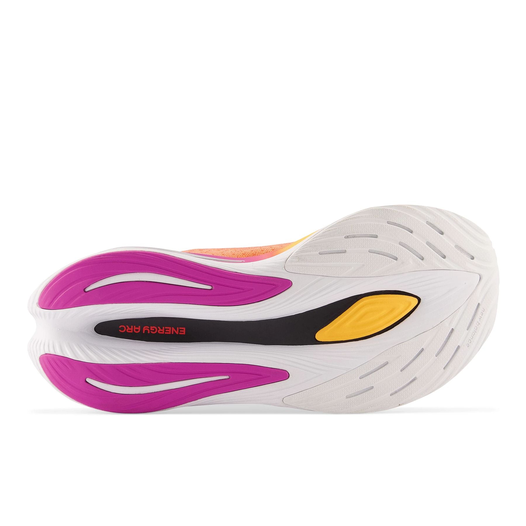 Bottom (outer sole) view of the Women's Fuel Cell Supercomp Trainer by New Balance in the color Electric Red/Silver Metallic