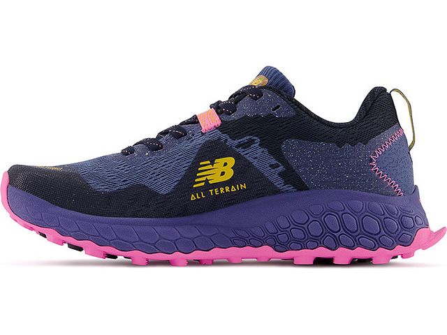 Medial view of the Women's Trail Hierro V7 by New Balance in the color Night Sky / Vibrant Pink