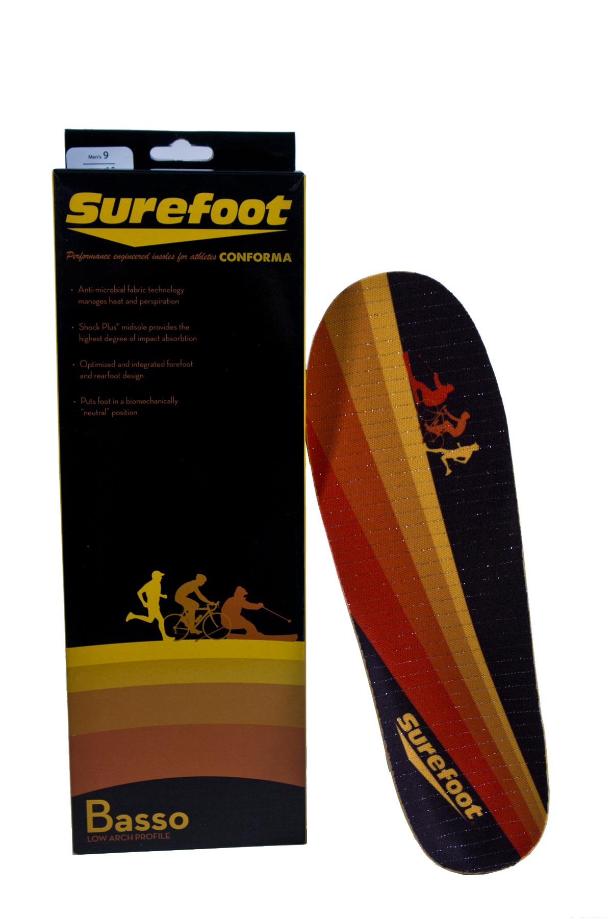 Image of the Conforma Basso low arch Insole by Surefoot and it's box in Orange/Black